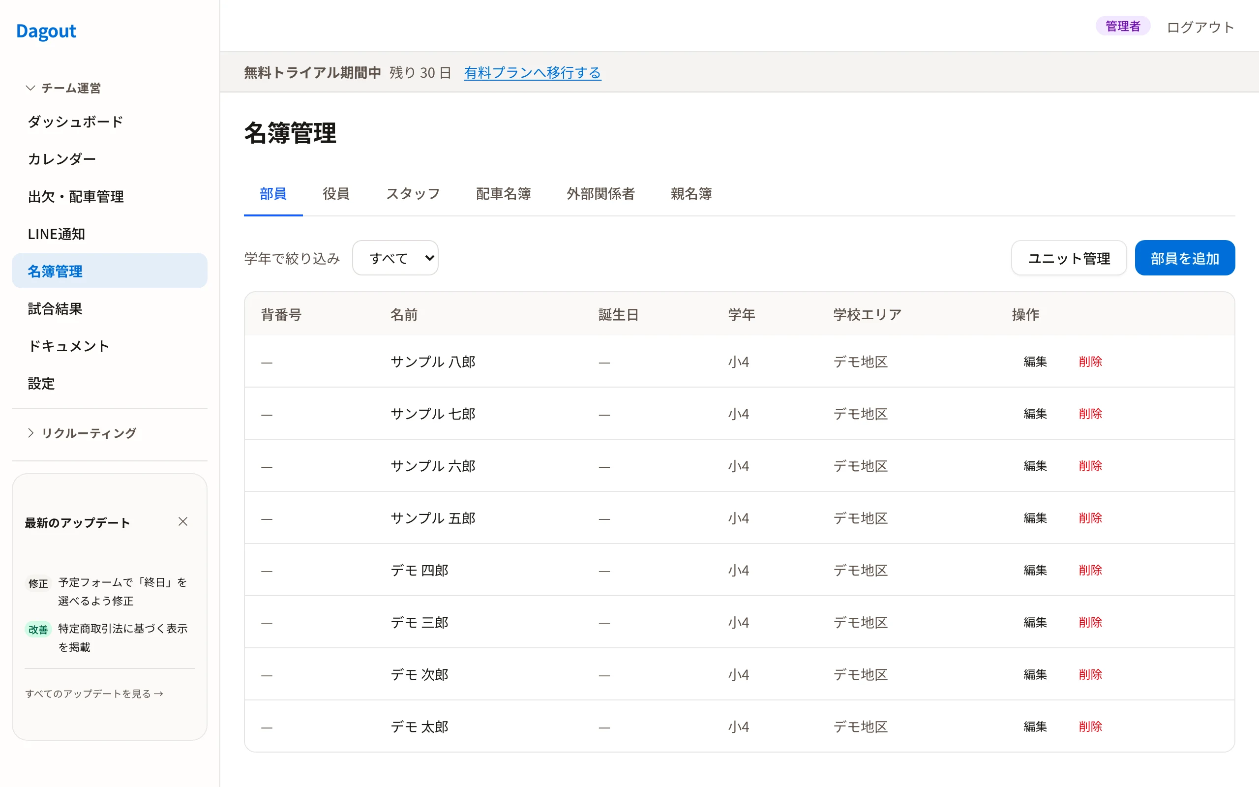 Dagoutの名簿管理画面