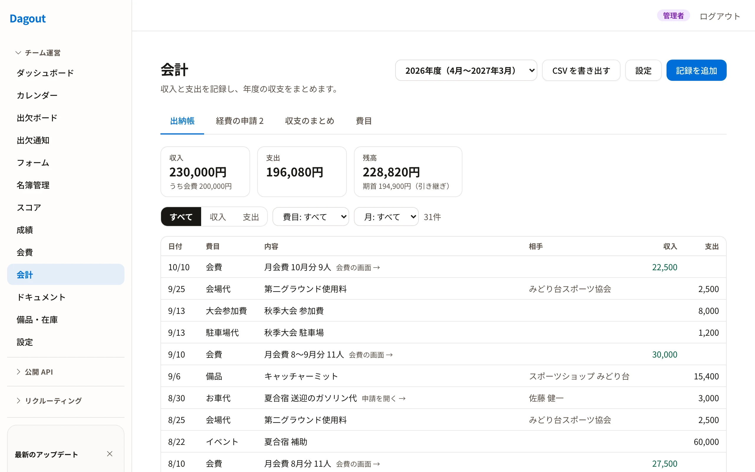 出納帳の画面。会費の受け取りが収入の行として自動で並び、手で入れた支出と一緒に残高が出る