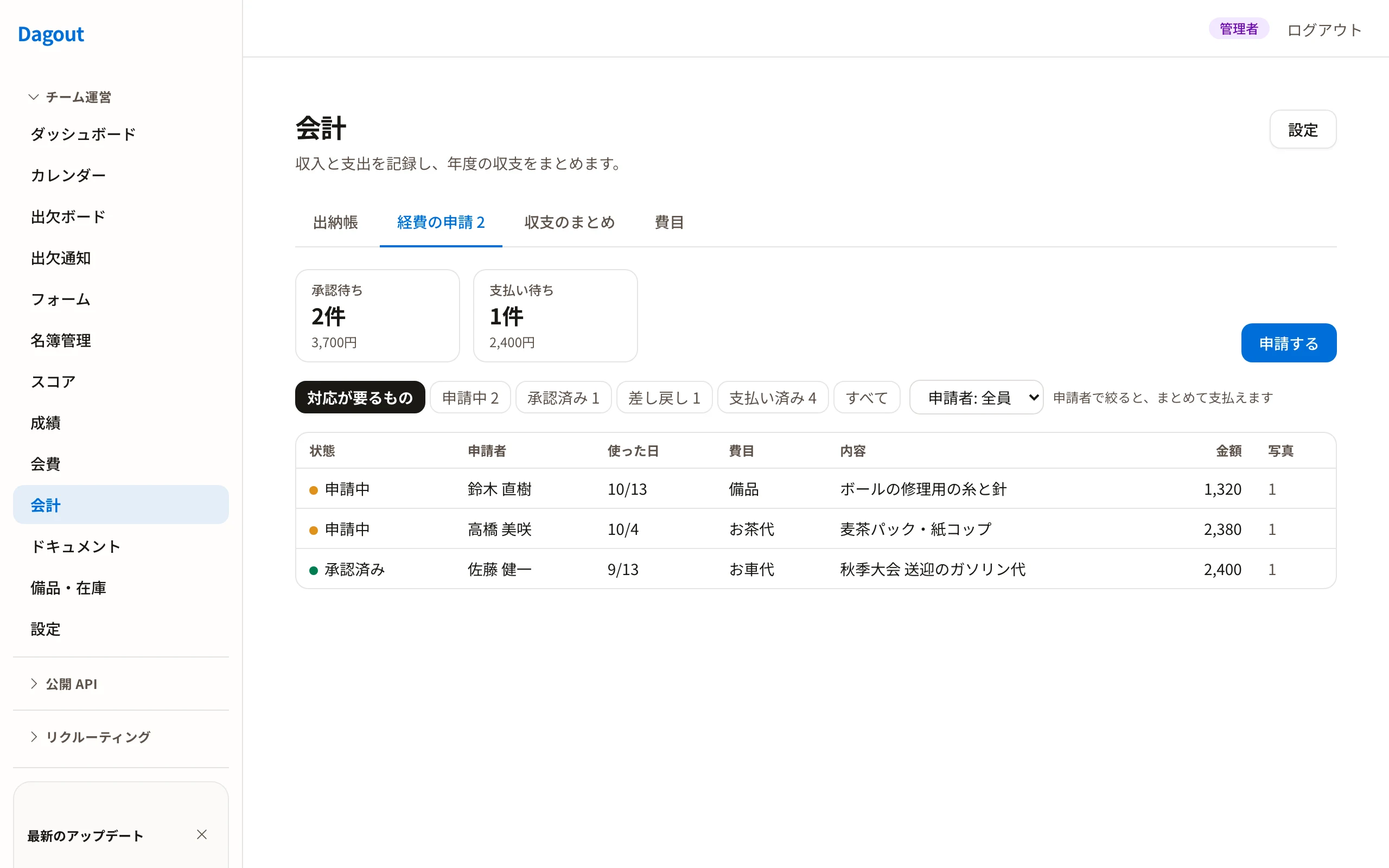 経費の申請の一覧。承認待ち・支払い待ちの件数と、申請中・承認済みの申請が写真の枚数つきで並ぶ