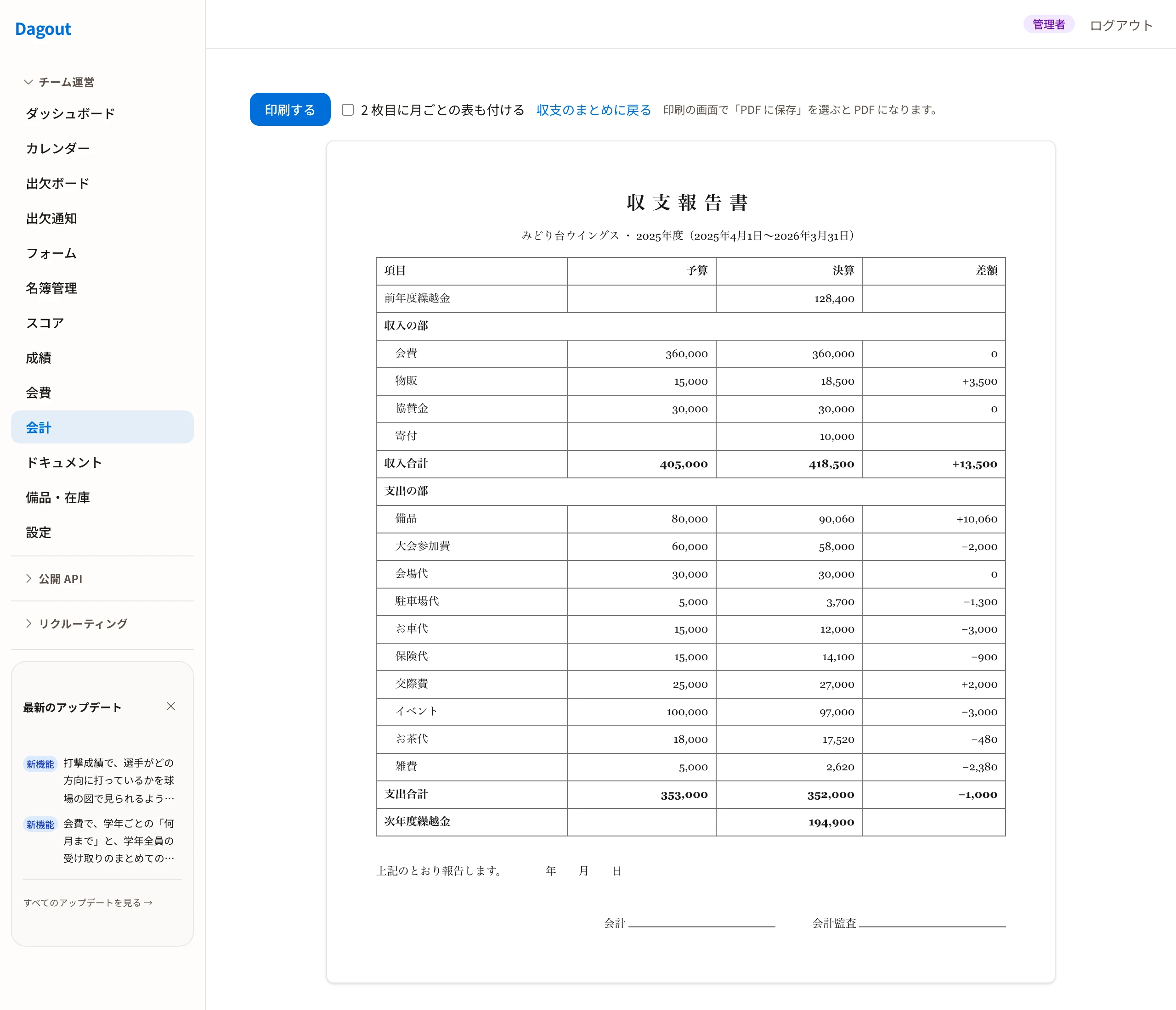 収支報告書の印刷画面。予算・決算・差額の3列と、会計・会計監査の署名欄