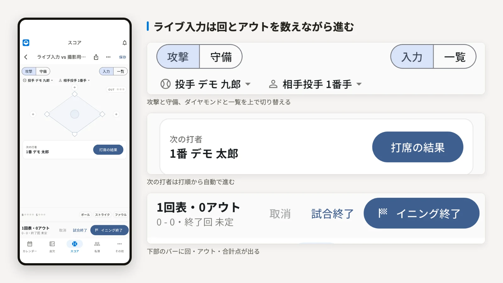 ライブ入力の画面。ダイヤモンドと次の打者、下部に回とアウト数が並ぶ